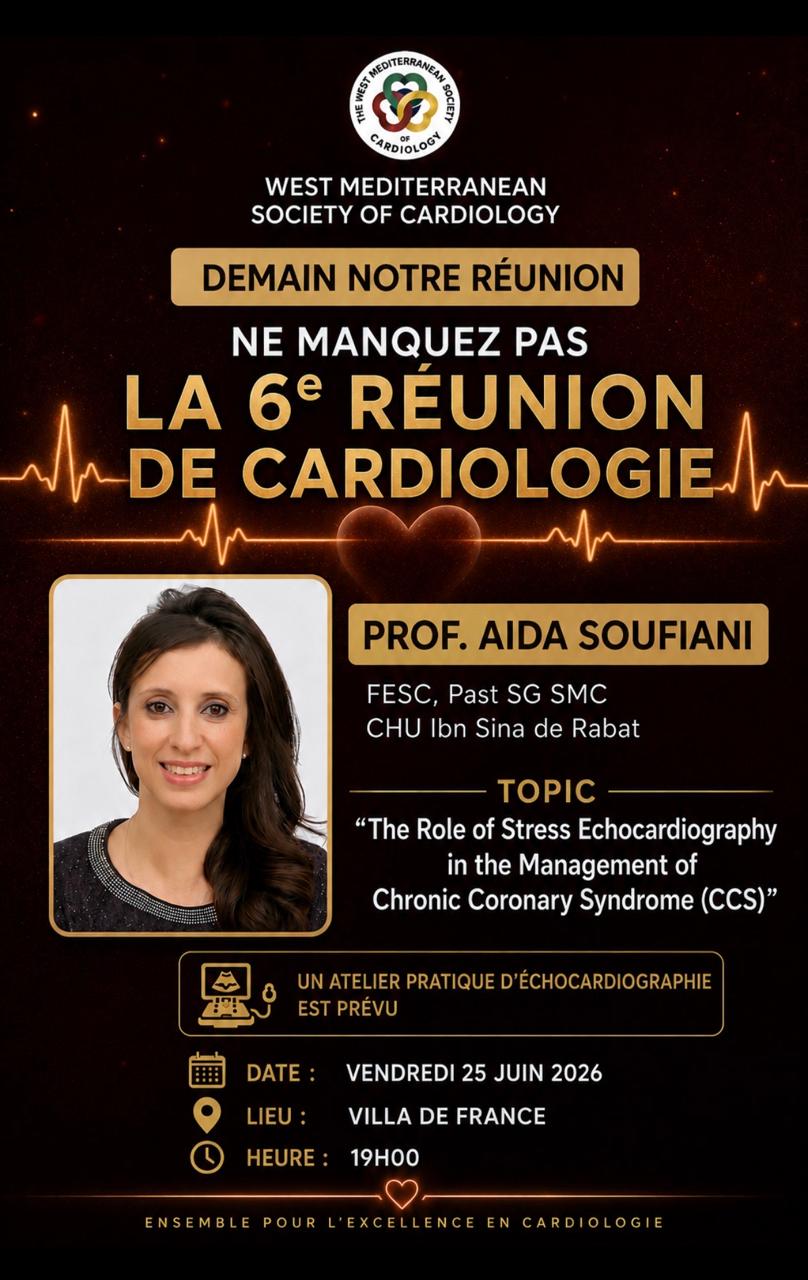 6th scientific meeting poster — Stress echocardiography in chronic coronary syndrome, Villa de France Tangier, 25 June 2026